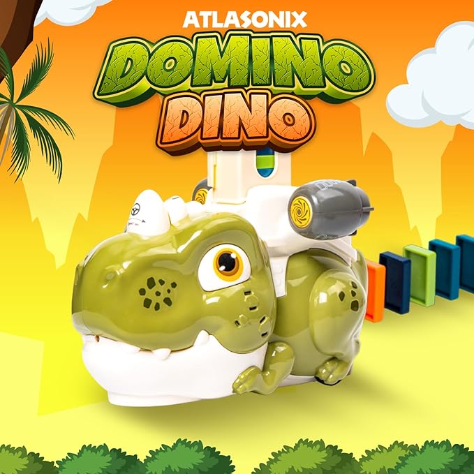 Atlasonix Dino Domino Train - 220 Dinosaur Dominoes Set for Boys & Girls - Birthday Gift Ages 3-10 - Montessori Jurassic T-Rex Toy with Automatic Rally Setter - Block Laying Machine