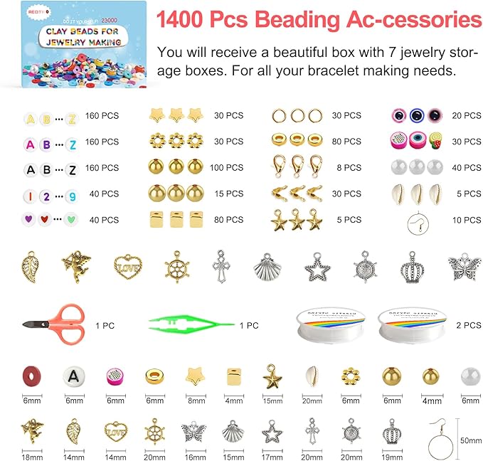 Redtwo 23000 Pcs Clay Beads Bracelet Making Kit 144 Colors 7 Boxes Flat Polymer Heishi Beads Set for Friendship Jewelry Making with Pendant Charms Crafts Gifts for Girls Ages 6-12 Kids Adults