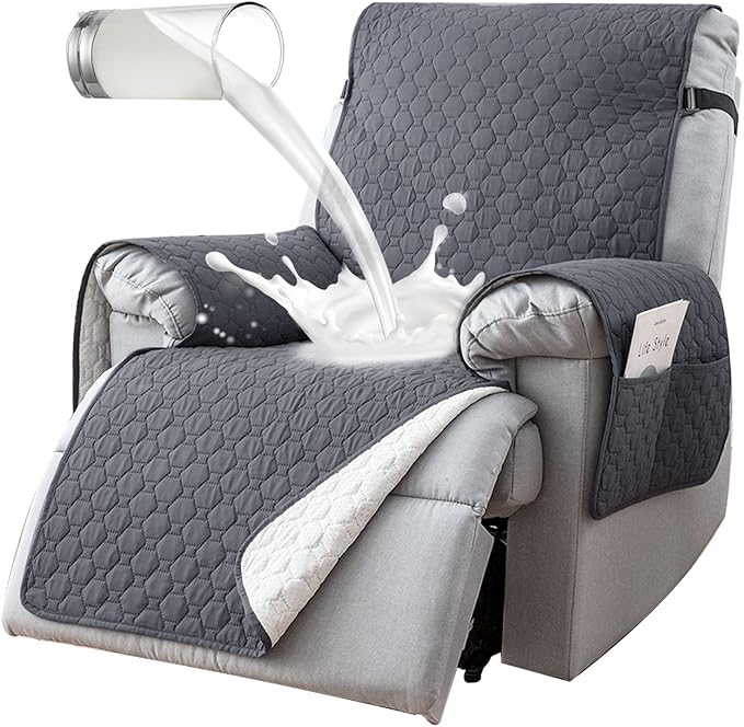100% Waterproof Recliner Chair Covers That Stay in Place, Non-Slip Recliner Cover with 5 Pockets, Elastic Straps, Washable Reclining Chair Protector for Kids, Pets, Dogs, Gray