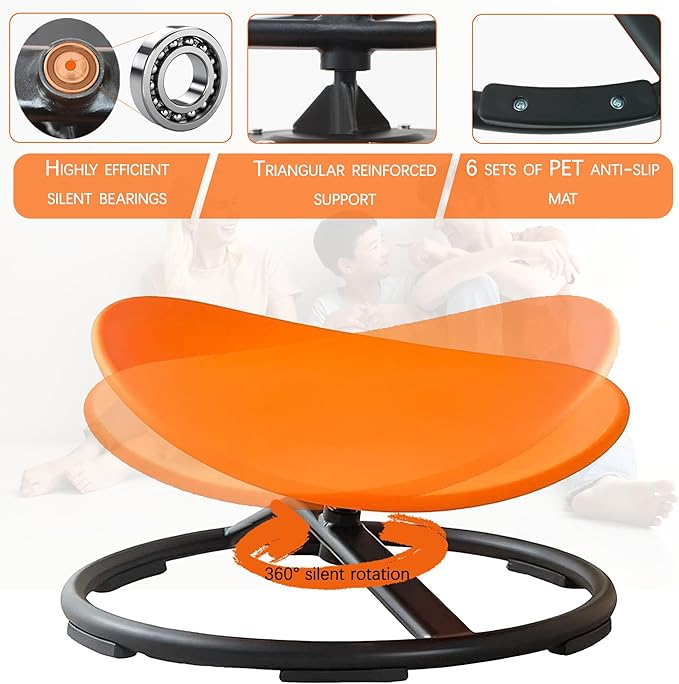 Autism Kids Swivel Chair,Sensory Spinning Chair for Kids,Toddler Spinner seat Carousel Spin Sensory Chair for Kids,Training Body Coordination,Metal Base Non Slip Safer (Orange)
