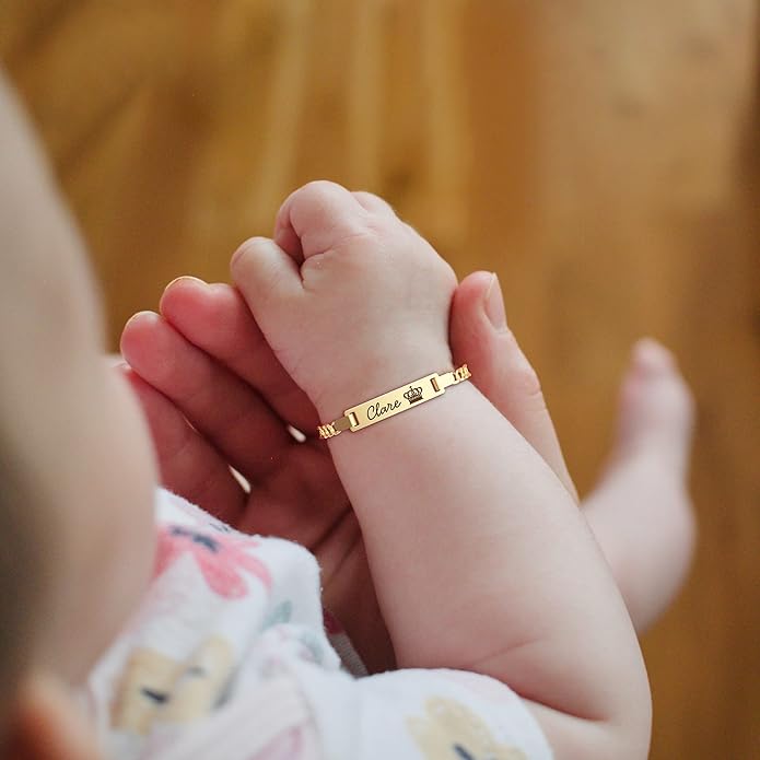 PUREFLY - Personalized Baby Name Bracelets with Birthstone, 18k Gold Plated, Adjustable Length, Double-Sided Customisable, with Gift Wrap