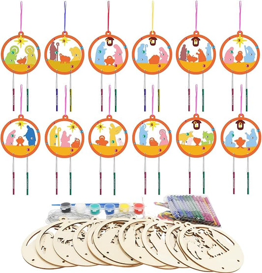 Fennoral 12 Pack Christmas Nativity Wind Chimes Kit for Kids Make Nativity Craft for Kids DIY Coloring Wooden Craft for Christmas Christian Religious Ornaments Christmas Party Decoration