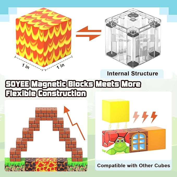 Soyee Magnetic Blocks - Build Mine Magnet World Kids Games Magnetic Building Toys Kingdom & Lava World Adventure 1'' Magnetic Cubes STEM Toys Christmas Birthday Gifts for 3+ Years Old Boys Girls
