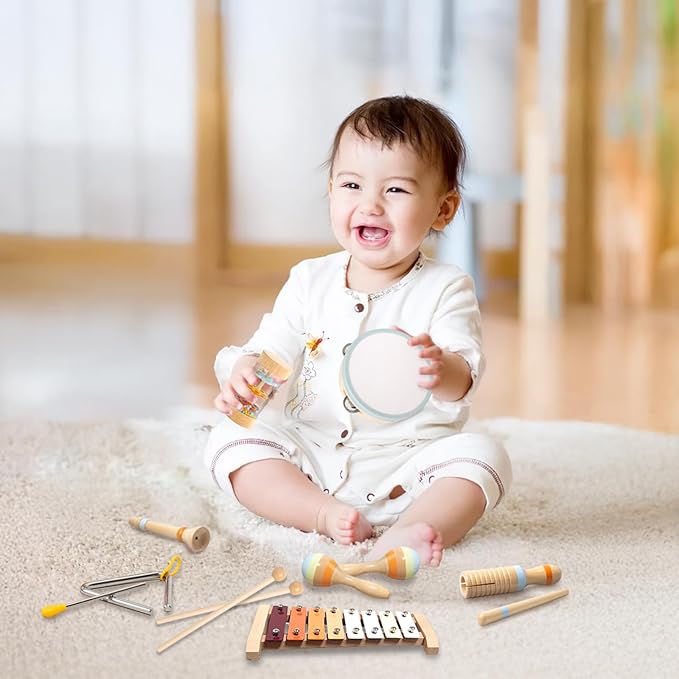 Baby Musical Instruments, Montessori Musical Toys for Toddler Neutral Colors Wooden Toys Percussion Instruments Set with Modern Boho Xylophone Birthday Easter Gifts for Kids Preschool Educational