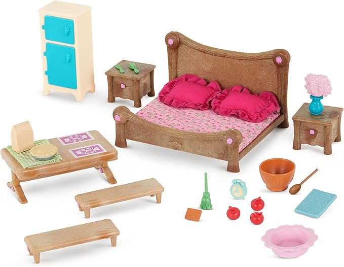 Li'l Woodzeez Master Bedroom & Dining Set – Miniature Furniture and Kitchen Accessories – 26pc Toy Set with Bed, Table, Fridge, and More – Toys for Kids Age 3+