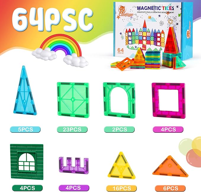Magnetic Tiles, 64PCS Magnet Building Toys, Magnetic Building Set, Stacking Blocks, Perfect STEM Toys Gift for Kids Boys and Girls