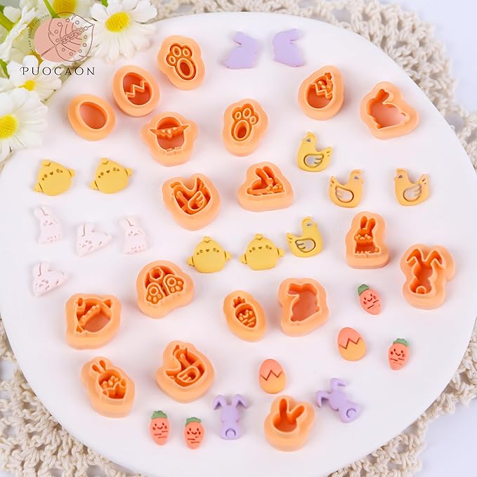 Puocaon Easter Polymer Clay Cutters - 18 Pcs Stud Clay Earring Cutters, Mini Chicken Eggs Baby Rabbit Clay Cutters for Polymer Clay Earrings, 3D Print Mini Clay Cutters for Earrings Making
