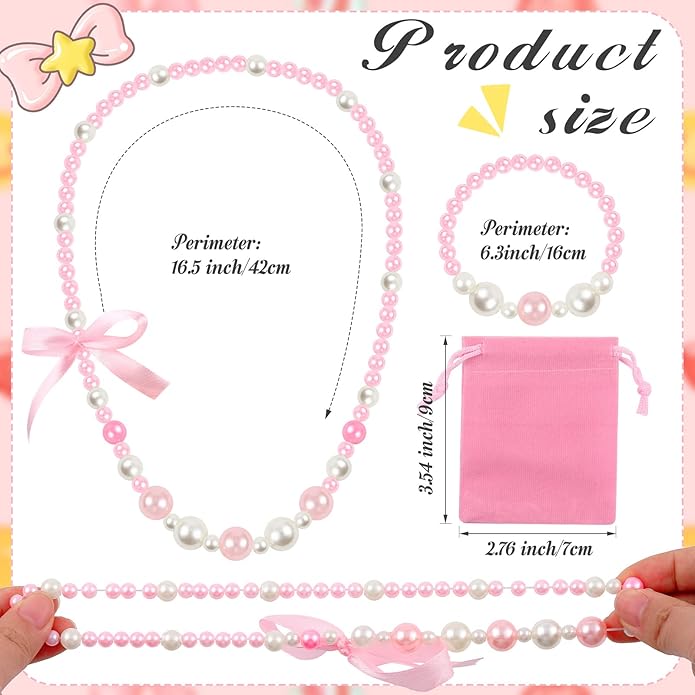 Batiyeer 12 Set Tea Party Favors for Girls Beaded Necklace Beads Bracelet Princess Pretend Jewelry Costume Set Necklace Pearls Jewelry with Pink Velvet Pouch for Birthday Cosplay Role Play Filler