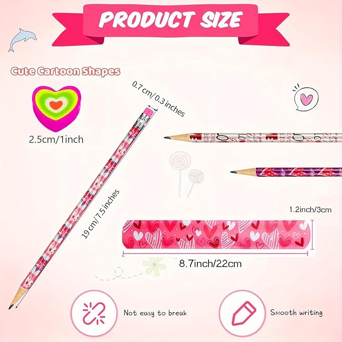 Valentines Day Gifts for Kids Classroom, Valentines Party Favors Stationery Set Includes 12 Pencils, 12 Heart Erasers,12 Slap Bracelets for Kid School Student Gift Exchange