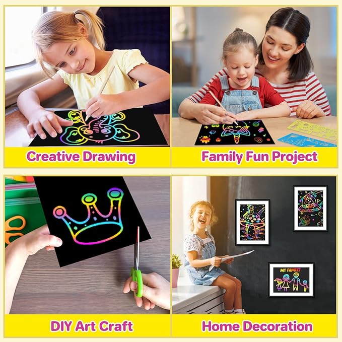 Scratch Valentines Day Gifts for Kids: 56 Pcs Magic Scratch Off Paper Children Art Crafts Set Kit Supplies Toys Black Scratch Sheets Notes Cards for Easter Basket Stuffers Boys Girls Birthday