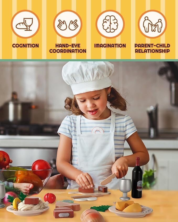 Wooden Play Food Set, Wooden Food Toys for Toddlers 1-3, Wooden Kitchen Toys Include Steak Pasta Wine Shopping Bag, Montessori Kitchen Tools for Toddlers, Cut Fruit Gift for Girl Boy 3-5 Years