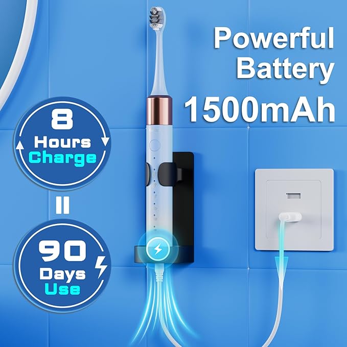 Sonic Electric Toothbrush for Adults and Kids, Comes with 10 Brush Heads & Travel Case, 5 Modes with 2 Minutes Built in Smart Timer, One Charge for 90 Days, 42,000 VPM Motor (Blue and White)