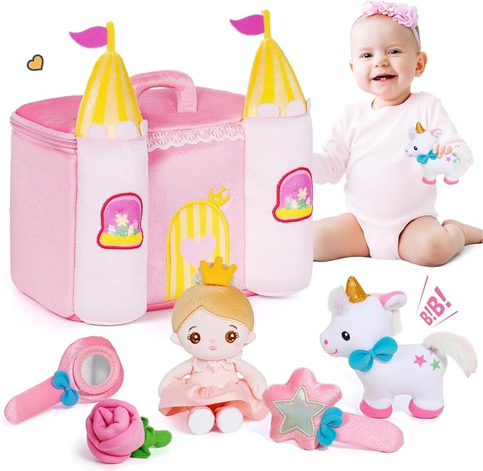 OUOZZZ Princess Castle Toys for 1-3 Year Old Girl Baby Doll Plush Toy House Stuffed Animal Toy Set - Sensory Educational Toys for 12-18 Months Infant - Fisrt Birthday Gifts for Toddler