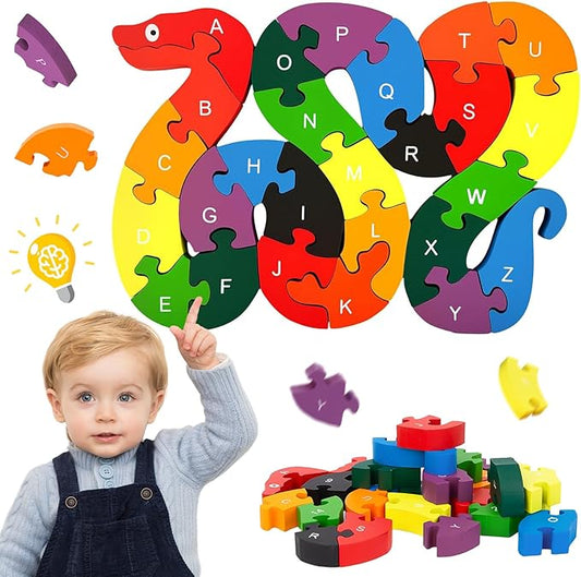 LOVESTOWN Alphabet Jigsaw Puzzle, Building Blocks Animal Wooden Puzzle, Wooden Snake Letters Numbers Block Toys for Kids Birthday Gifts