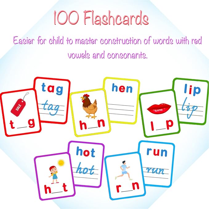100 Short Vowel Spelling Flashcards, Handwriting Cards Learn to Write CVC Sight Words CVC Words Games for Kindergarten Learning Activities, Montessori Educational Toy Gift for Kids 3 4 5 6 Years Old