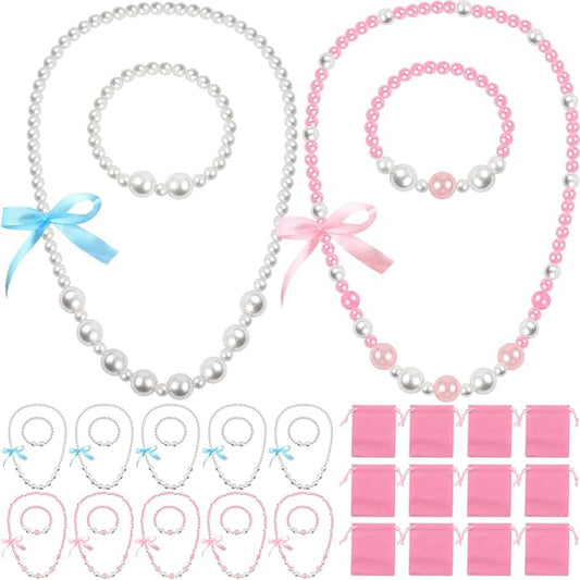 Batiyeer 12 Set Tea Party Favors for Girls Beaded Necklace Beads Bracelet Princess Pretend Jewelry Costume Set Necklace Pearls Jewelry with Pink Velvet Pouch for Birthday Cosplay Role Play Filler