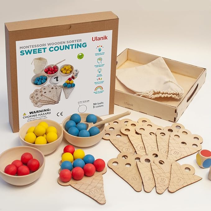 Ulanik Sweet Counting Toddler Montessori Toys for 3 Year Old + Kids Wooden Matching Game for Learning Color Sorting and Counting — 30 Balls, 0.98 in