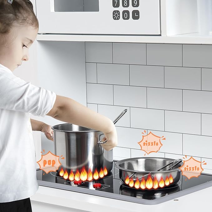 Wooden Play Kitchen Set, Kitchen Playset with Cookware Accessories, Microwave, Oven, Sink, Real Lights & Sounds - Perfect for Chef Pretend Play