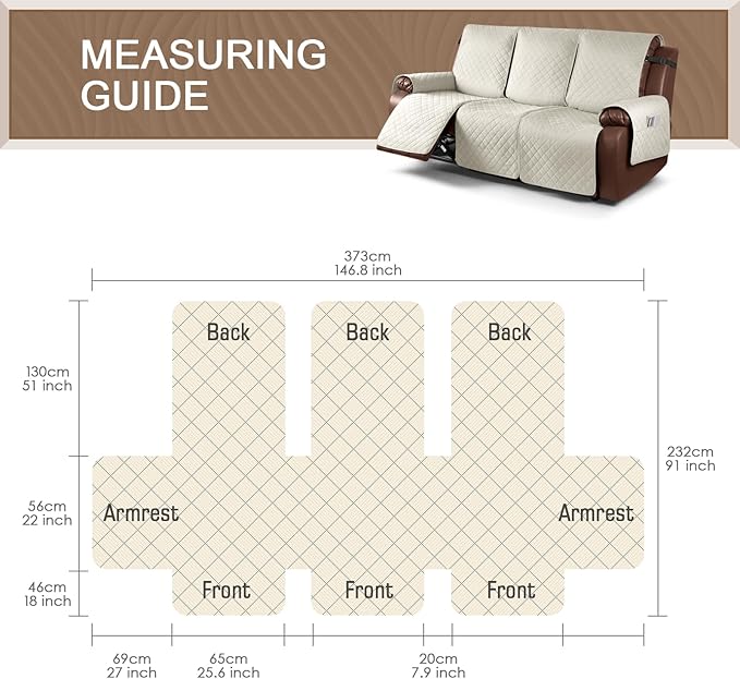 KinCam Waterproof Recliner Sofa Cover, Non-Slip Reclining Couch Covers for 3 Seat, Recliner Couch Cover Furniture Protector with Elastic Straps for Pets, Kids, Ivory