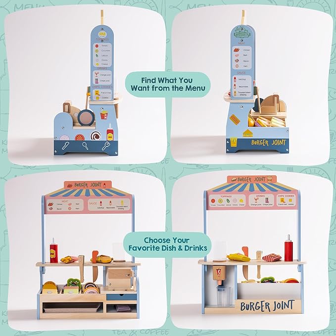 ROBOTIME Wooden Pretend Play Food Set for Kids, Hamburger Set Shop with Sandwich Counter Toys, Play Kitchen Food Toys for Toddlers Ages 3+