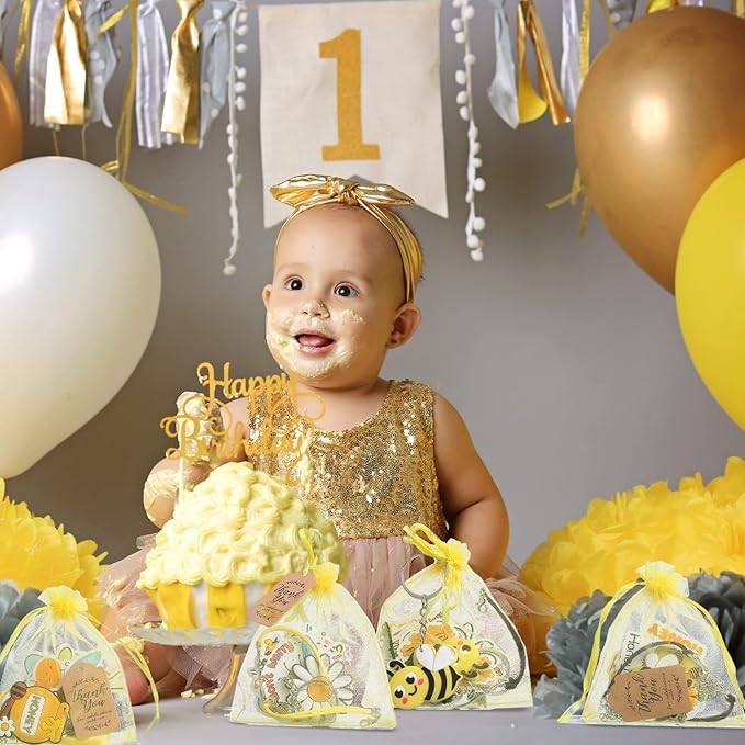 130 Pcs Bee Party Favors Including Bee Keychains Adjustable Bee Bracelets PVC Bee Print Stickers Thank You Kraft Tags Organza Bags for Birthday Summer Party Wedding School Reward