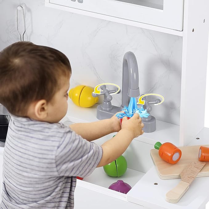 White Wooden Play Kitchen Set, Kitchen Playset with Cookware Accessories, Microwave, Oven, Sink, Real Lights & Sounds - Perfect for Chef Pretend Play