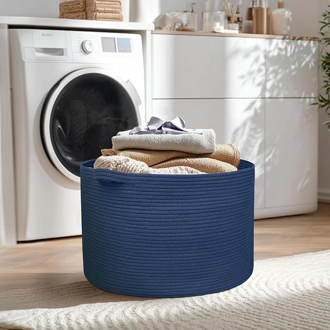 MEGASKET 115L Dark Blue Basket for Organizing, 23.6" x 15.7" XXXL Woven Cotton Rope Laundry Basket, Oversized Blanket Storage for Living Room Bedroom, Kids Toy Box Organizer, Pool Towel Storage Bin