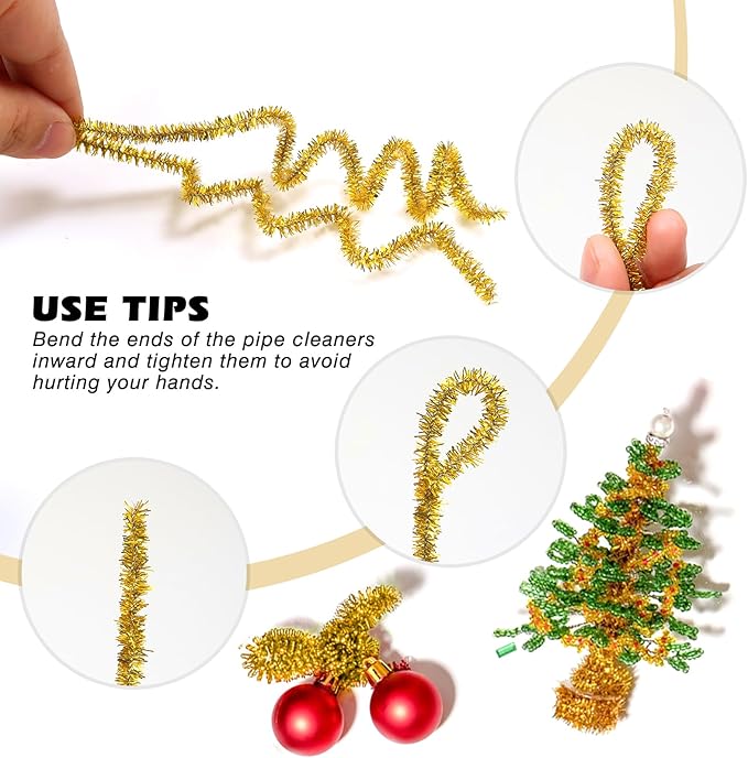 TOAOB 100pcs Christmas Glitter Pipe Cleaners Gold Metallic Pipe Cleaners Craft Supplies 6mm x 12 Inch Chenille Stems Pipe Cleaners for Art DIY Crafts Decorations