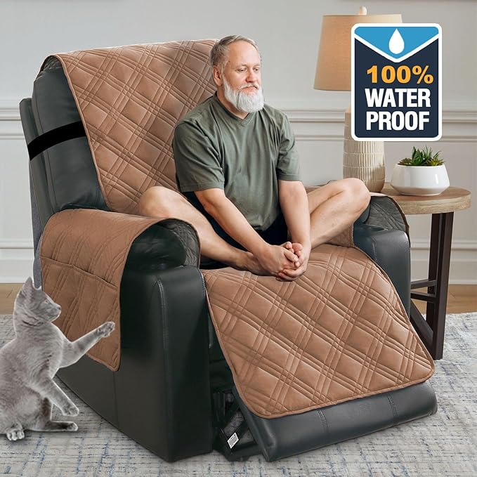 H.VERSAILTEX 100% Waterproof Nonslip Recliner Cover Stay in Place Recliner Couch Slipcover for Large Power Lift Recliner with Side Pocket Washable Reclining Furniture Protector,Terracotta/Beige