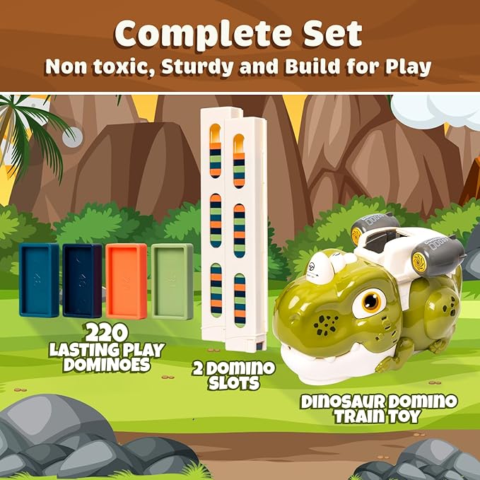 Atlasonix Dino Domino Train - 220 Dinosaur Dominoes Set for Boys & Girls - Birthday Gift Ages 3-10 - Montessori Jurassic T-Rex Toy with Automatic Rally Setter - Block Laying Machine