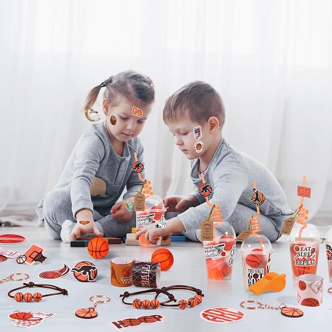 LiYiQ 158 Pcs Basketball Party Favors Basketball Party Supplies with Cup Straw Stress Ball Keychain Sticker Slaps Bracelets Whistle Thank You Tags for Basketball Birthday Decorations (Basketball)