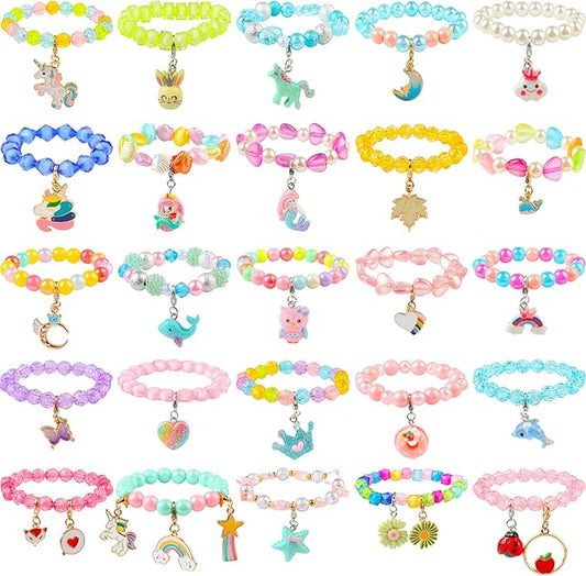 SOTOGO 55 Pieces Girls Bracelets Set Colorful Bracelets Princess Rainbow Unicorn Bracelets Charm Beaded Dress up Party Favors Bracelets for Kids Girls