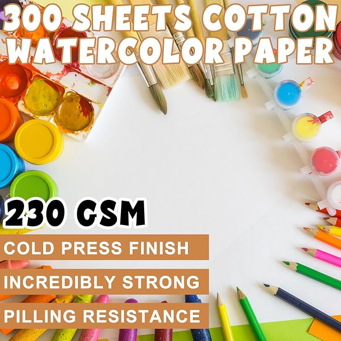 TaoBary 300 Pcs Watercolor Paper Sheet Bulk White Cold Press Paper Pack 110 lb 230 GSM Sketch Painting Watercolor Pad for Watercolorist Beginning Artists Adults Drawing Craft(9 x 12 Inch)