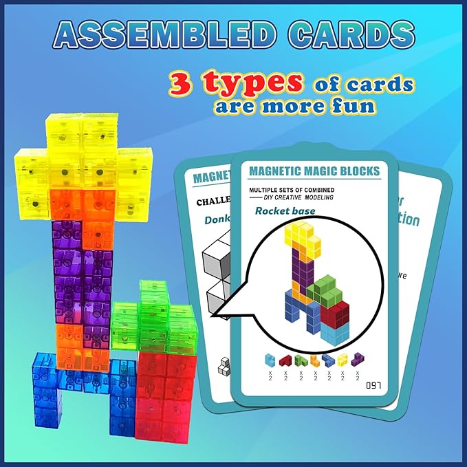 Magnetic Building Blocks, STEM Magic Magnetic 3D Puzzle Cubes, 7 Pcs Preschool Multi Shapes Magnetic Toys with 54 Cards, Montessori Sensory Autism Building Toys for Kids
