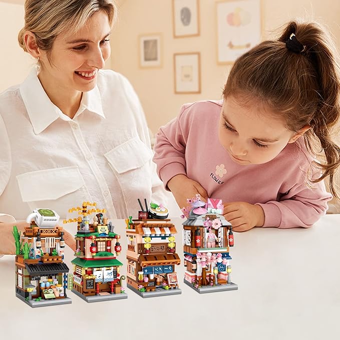 Japanese Street View Shop Building Blocks House Toy, 4 Models Mini DIY Building Blocks Model MOC Construction Toy, Gift for 6-12 Years Old Kid Girls and Boys