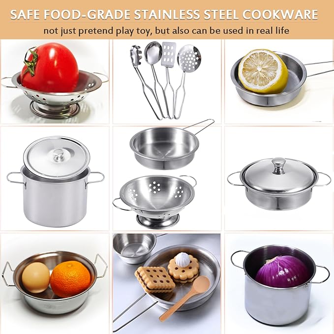Tiny Cookware Utensils Pretend Play Kitchen Toys Stainless Steel Cooking Set Toys Montessori Kitchen Playset Kids Pots and Pans Playset,Play Kitchen Cooking Toys Kitchen Accessories for Kids Toddlers