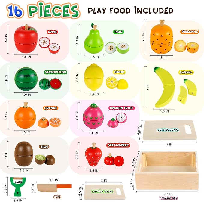 LOOIKOOS Wooden Play Food for Toddlers, Montessori Toys for 3 4 5 Years Old Pretend Cutting Fruits Set for Toddlers Play Kitchen Gift for Kids Educational Toy