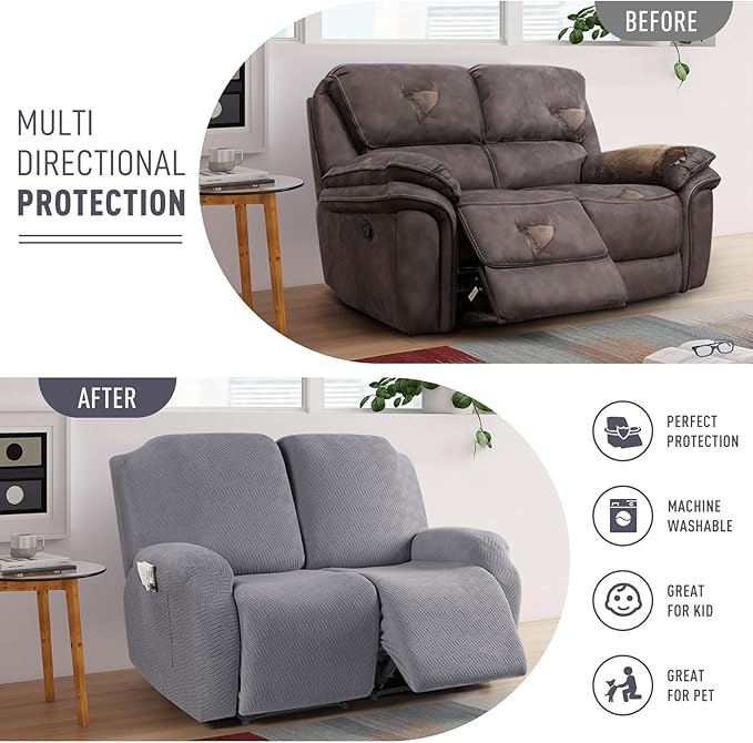KinCam Recliner Covers, Stretch Reclining Chair Covers, Recliner Sofa Slipcovers Stripe Jacquard Recliner Couch Covers Furniture Protector Covers for Pet Kid (2XL Seater, Light Gray)