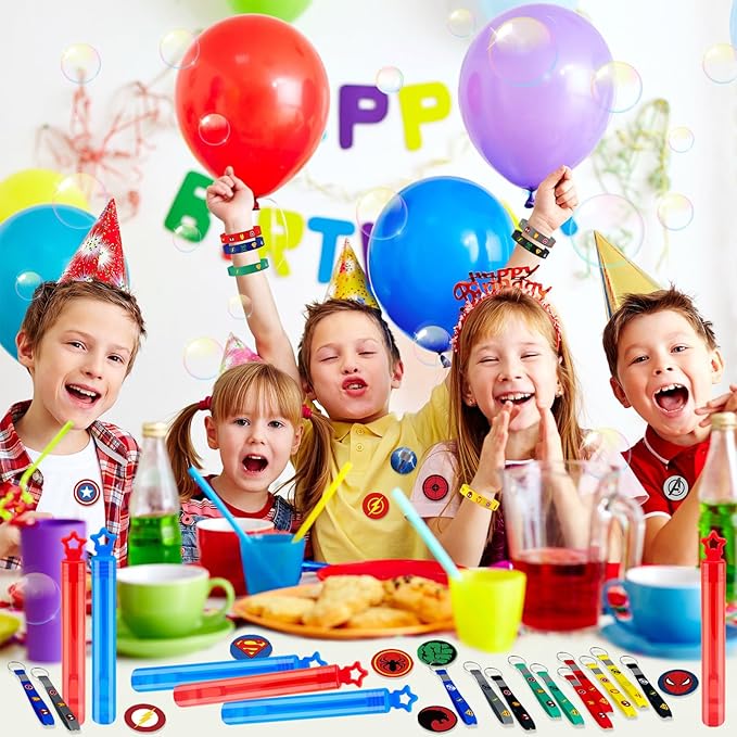 Superhero Party Favors Supplies 12 Bubble Wands 12 Keychain 12 Bracelets 12 Button Pins 50 Stickers Toys for Kids Boys Themed Party Favors Birthday Decorations