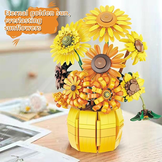 Flowers Sunflower Building Sets for Adults, Van Gogh Prints Art Botanical Collection for Woman Girls 14+, Artificial Pot Bouquet Plants Kits, Home Decor/Christmas/Valentine/Thanksgiving Birthday Gifts