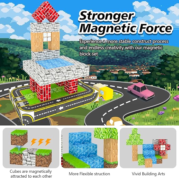 100PCS Magnetic Building Blocks for Kids Ages 4-8,Magnet STEM Sensory Toys- Mine World Build Set,Tiles Road Track,Christmas Birthday Gifts Toy