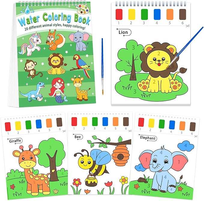 SOCOLER Paint with Water Coloring Books for Toddlers, Animal Theme Mess Free Watercolor Painting Papers for Kids Travel Coloring Kit with 2 Brushes Art Craft Birthday Gift