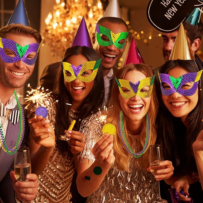 MGparty 168 PCS Mardi Gras Accessories - Masks Beads Necklaces Coins Tattoos Carnival Parade Masquerade Party Decorations Supplies