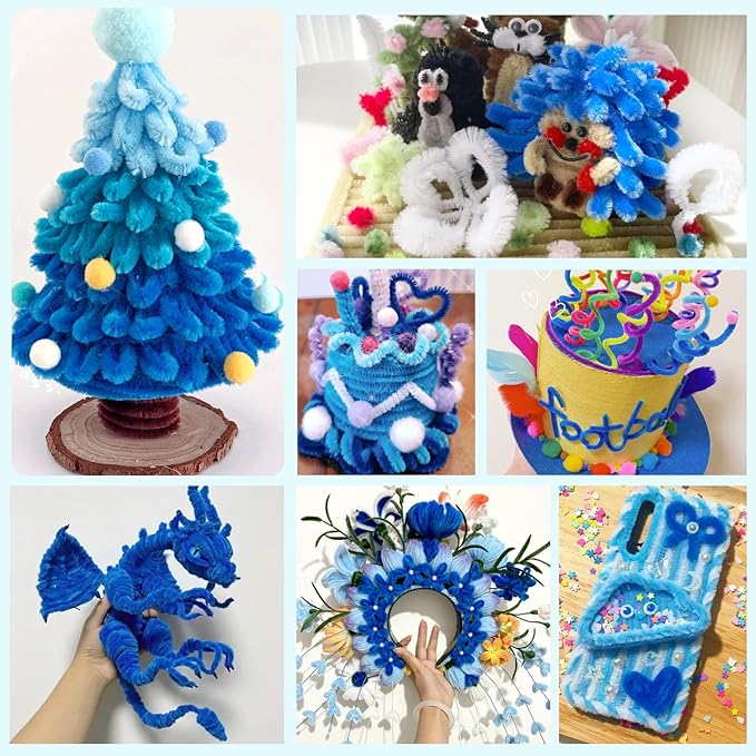 TOAOB 100pcs Pipe Cleaners Lake Blue Chenille Stems Craft Supplies 6mm x 12 Inch Fuzzy Sticks with 100pcs Googly Eyes for Art DIY Crafts Decorations