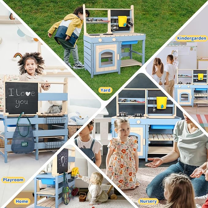 2 in 1 Mud Kitchen for Kids,Outdoor Play Kitchen & Grocery Store with Sink & Faucet,Blackboard,Utensils,Stove Top,Storage Bag,Backyard Garden Worktop Toy Toddler Kitchen for Boys and Girls
