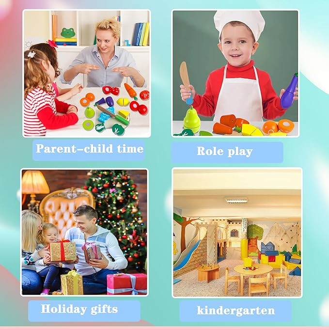 newlng Wooden Play Food Toys Fruits and Vegetables for Toddlers Cutting Fruits and Vegetables Food Toys Food Cutting Toys Best Gift for Christmas Birthday with Reusable Storage Bag