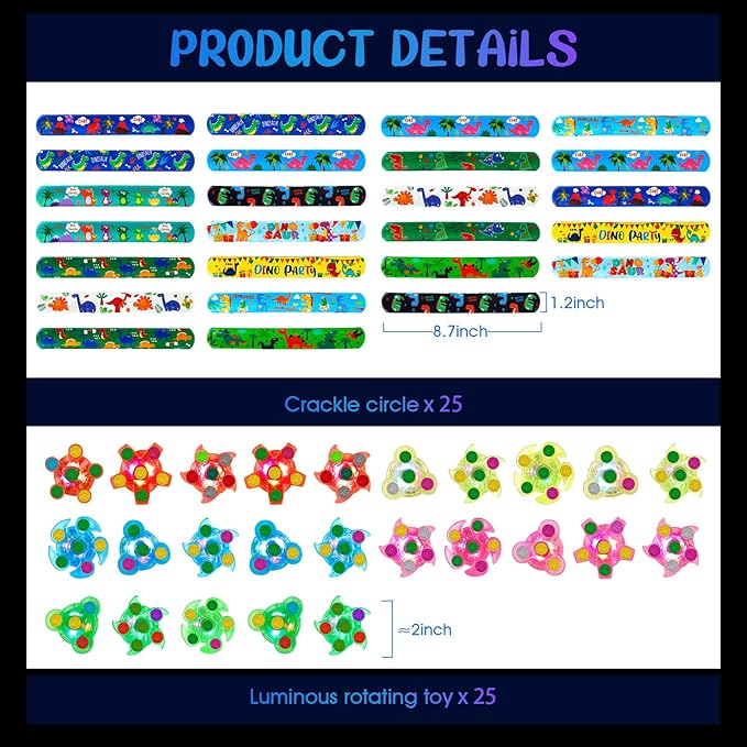 SEKEAHU 25 PCS Light Up Fidget Rotating Toy + 25PCS Slap Bracelets, Dinosaur Valentines Party Favors Stocking Stuffers for Kids 4-8-12 Goodie Bag Stuffers Glow in The Dark Supplies Gifts