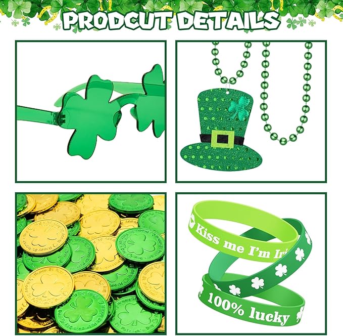 163Pcs St. Patrick's Day Accessories Party Favor Set, Tattoo Stickers, Necklaces, Bracelets, Shamrock Glasses, lucky Coins for Irish Party Supplies