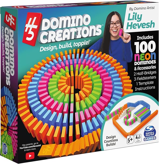 Spin Master Games, Lily Hevesh H5 Domino Creations 100-Piece Neon Dominoes Set, Building Toys for Kids & Family, Classic Activity Game, 1 & Up Players, for Ages 5 & Up