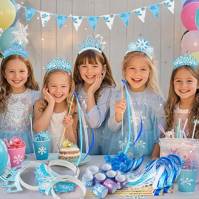 Frozen Party Favors Birthday Supplies Frozen Ribbon Wand Princess Tiara Crown Diamond Ring Slap Bracelet Sticker Snowflake Winter Elsa Party Favors Goodie Bags Stuffers Birthday Party Decorations